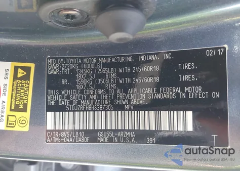 2017 Toyota Highlander Xle from USA, damaged, VIN 5TDJZRFH8HS387305